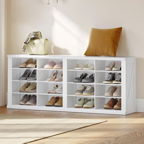 Banc à Chaussures, Banc avec Espace de Rangement, Étagère à Chaussures avec Siège,16 Compartiments, Convient pour Salon, Couloir, Entrée, 30 x 104 x 60,5 cm, Blanc (1/5)