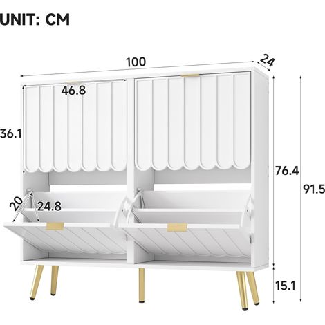 Meuble à chaussures étroit 4 portes blanc anti-basculement séparateurs réglables L100 x P24 x H91.5 cm
