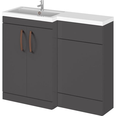 Balterley Left-Hand Bathroom Vanity and WC Unit Combination with Basin - 1100mm - Gloss Grey with Copper Handles