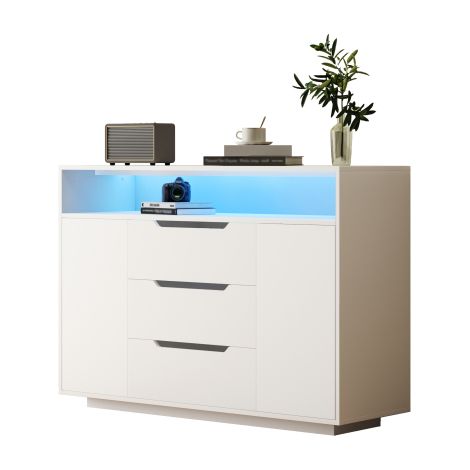 Buffet blanc multifonction 3 tiroirs étagère LED 3 portes finition mate (1/5)