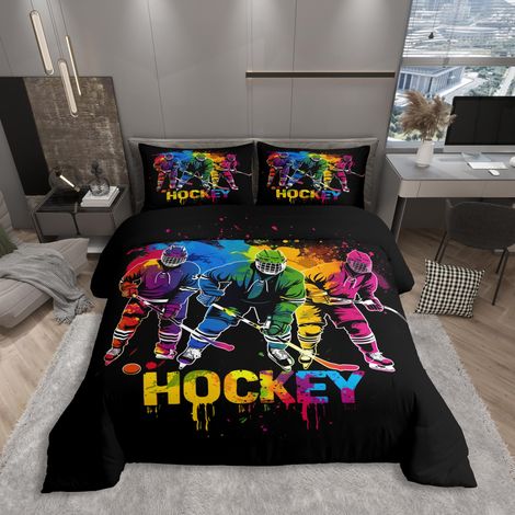Parure de lit en microfibre avec housse de couette 135 x 200 cm et 1 taie d'oreiller, motif de hockey, arc-en-ciel, silhouette de joueur dynamique, graffiti, fans de hockey sur glace (1/5)