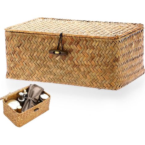1 Panier Rangement Osier, Couvercle Fermeture, Vannerie Tressée, Cadre Métal Intérieur, Salon Cuisine Salle De Bain (1/5)
