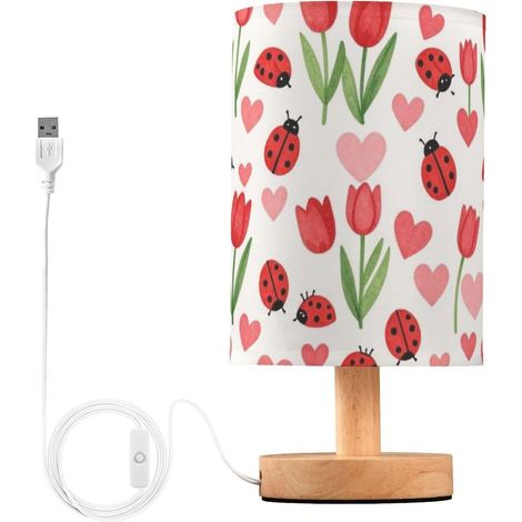 Jolie lampe de table chambre rouge insecte tulipes cœurs motif (1/5)