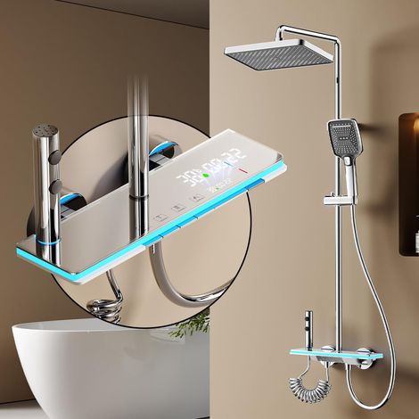 Shower Column With Mixer Tap, Shower System With Rain Shower 30x20cm, Hidden Bath Spout, LED Digital Display, Chrome (1/5)