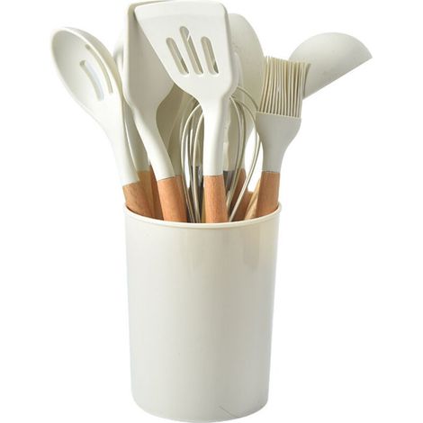 Ensemble de cuisine 12 pièces - Ustensiles de cuisine en silicone avec manches en bois - Ensemble d'accessoires de cuisine - Ensemble de spatules en silicone - Ensemble de cuisson antiadhésif (1/4)