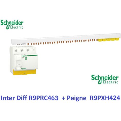 Interrupteur différentiel Resi9 4P 63A 30ma - AC + Peigne 3P+N -24 M - Schneider R9PRC463 + R9PXH424