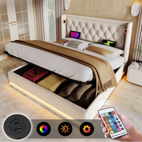 Polsterbett 160/200 cm beige aus Baumwolle mit Stauraum, LED und USB-C (1/5)
