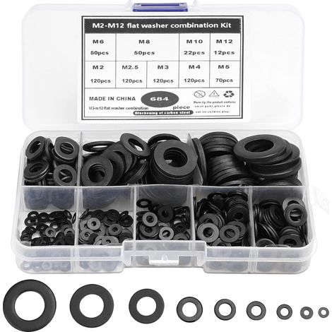 684 Pièces Rondelles Plates Noir, 9 Tailles de Rondelles M2 M2.5 M3 M4 M5 M6 M8 M10 M12, Acier au Carbone Plat Rondelles avec 1 Boîte Plastique, pour Fixations Mécaniques Industrielles (1/5)