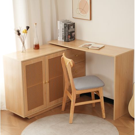 MODFU – Scrivania angolare girevole 360° in MDF con 3 armadi, ripiani regolabili, ante effetto rattan e cerniere ammortizzate – Legno naturale (1/5)