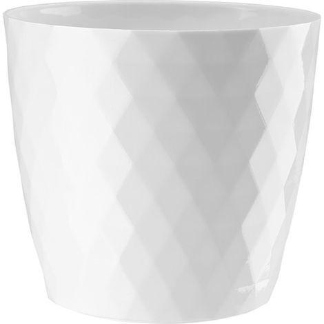 Maceta de plástico Cristal de 12 cm, blanca brillante, con estampado geométrico de diamantes. (1/3)