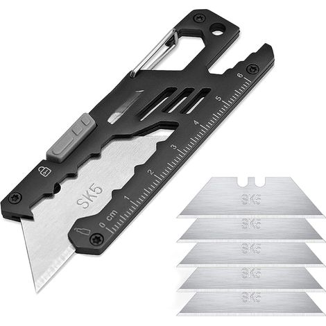 Navaja multiusos EDC 7 en 1 con mosquetón, llavero, cúter, abridor de botellas, llave inglesa ajustable, 5 cuchillas de repuesto y regla, ideal para la oficina y para acampar (SkyFox).