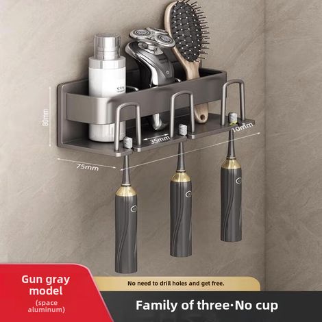 Porte-brosses à dents gris anthracite sans trou, modèle 3 places, mural, sans gobelet, avec rangement pour bain de bouche et brosses à dents électriques. (1/5)