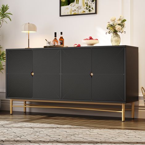 OKWISH Sideboard mit 4 Türen und Relief, 160 x 40 x 82 cm, Schwarz und Gold (1/5)