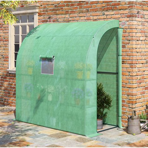 Serre adossée 200x100x215 cm verte en acier et PE avec 2 portes enroulables et fenêtres moustiquaires (1/5)