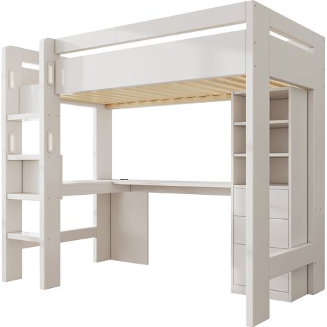 Hochbett 90x200 cm mit L-Schreibtisch, Regalen, Schubladen, USB/Type-C, weiß (1/5)