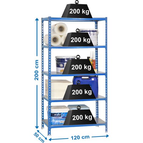 SimonRack Scaffale Portaoggetti, 2000x1200x500 mm, 5 Ripiani, Portata 200 kg per Ripiano, Metallo, Scaffale da Garage, Blu/Zincato – Simonclick