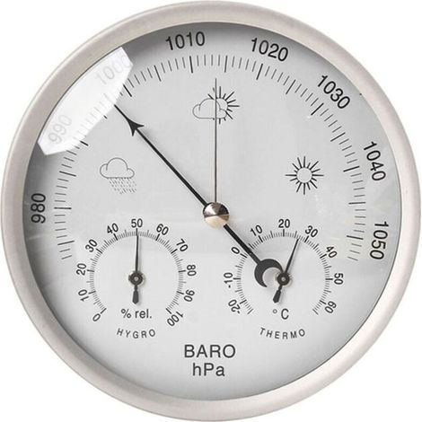 Station météo analogique 3 en 1 baromètre thermomètre hygromètre en inox Ø133mm - Cadran noir et blanc sans piles (1/4)