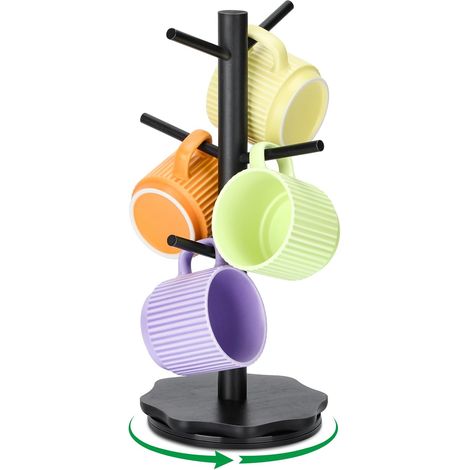 1 Porte-tasses Pivotant 360°, 6 Crochets Inclinés, Bois Naturel, Base Pétale Stable, Cuisine Bar