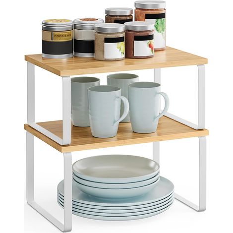 Étagère à Épices, Lot de 2, Organisateur de Placard, Étagère de Rangement de Cuisine Extensible, Porte-épices Empilable, Métal, Bois d’Ingénierie, Blanc Nuage et Beige Naturel