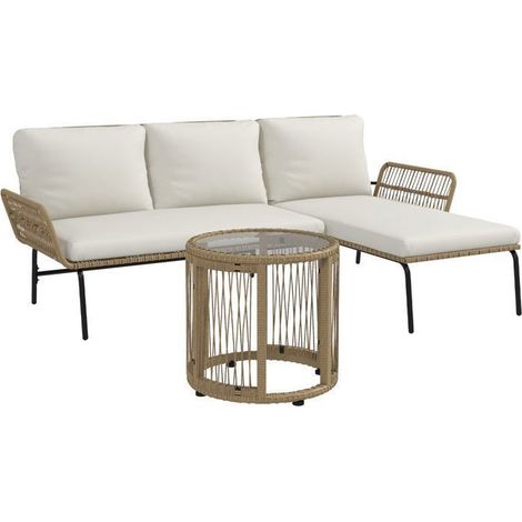Salon de jardin en rotin, ensemble salon de jardin avec méridienne, canapé 2 places, table basse en verre, coussins crème (1/5)