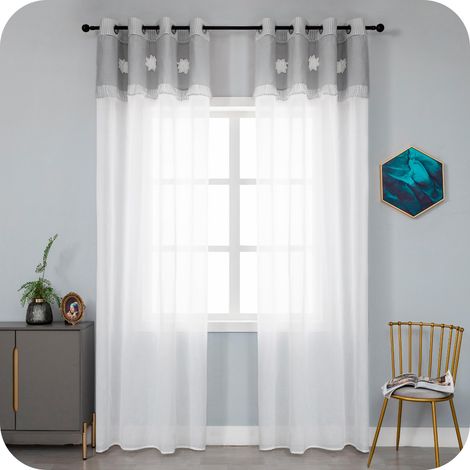 Paire de rideaux blancs semi-transparents avec fleur de lotus et ourlet supérieur gris, pour balcon, porte, salon, chambre et chambre à coucher, 2 panneaux avec œillets (Gris, 140 x 280 cm) (1/5)