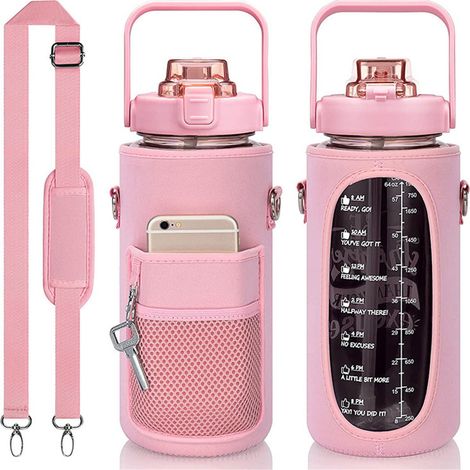 Tragbare Wasserflasche mit Becherhülle, Tragegurt, Sport-Wasserflasche für Outdoor-Tauchgänge, extra große 2000ml tragbare Sport-Wasserflasche, pink. (1/5)