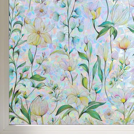 Statisch haftende Fensterfolie, Verdunkelungsfolie, elektrostatisch klebende Dekorfolie für Küche, Schlafzimmer, Badezimmer, Regenbogen-Blumenmuster, 45 x 200 cm (1/5)