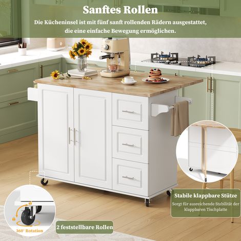 Table cuisine mobile 137 x 43(76)x92cm plan chêne pliable, 3 tiroirs et accessoires de rangement pour cuisine et maison