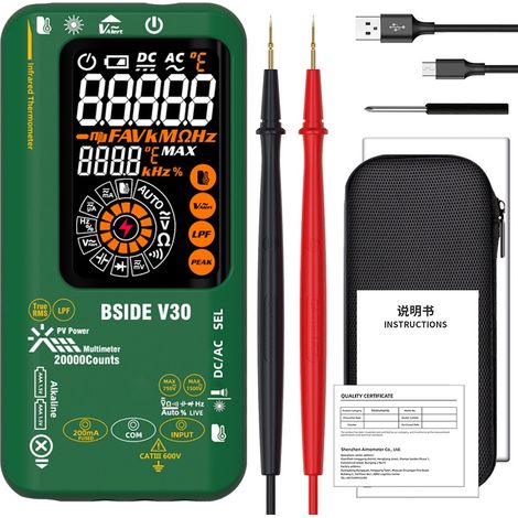 Multimètre numérique photovoltaïque BSIDE, thermomètre infrarouge rechargeable, résolution 0,1 μA 10 μV, multimètre haute tension, testeur d'ampèremètre 20 000 points, mesure D:S = 10:1, NCV, diode, c (1/5)
