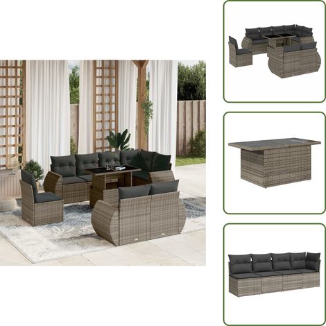 The Living Store 9-tlg. Garten-Sofagarnitur mit Kissen Grau Poly Rattan - Gartenmöbel Set - Esszimmergarnitur - Outdoor Möbel - Lounge Garnitur - Rattan Gartenmöbel (1/5)