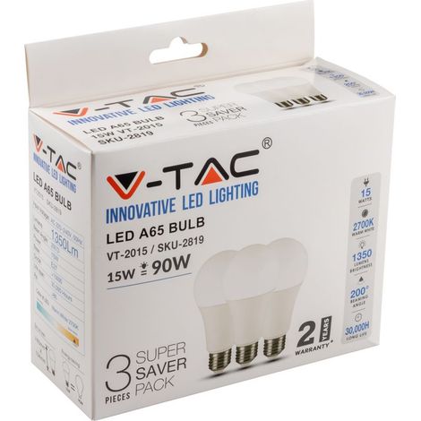 Bombilla LED V-TAC E27 de 15 W, A65, blanco cálido (caja de 3)