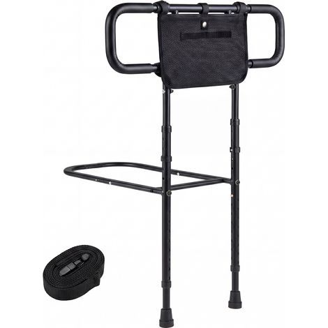 Barrière de Lit Pliante pour Seniors, Barre d'Assistance pour Lit avec Longeur 63/73/82cm, Hauteur 79-108cm, Poche Amovible, Noir (1/5)