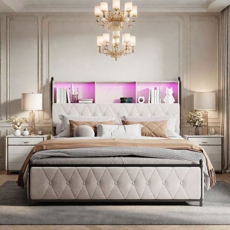 Bett mit Truhe - TANANT - Gepolstertes Bett aus Samt - 160x200 cm - Kopfteil mit LED - 4 Stauraumschubladen
