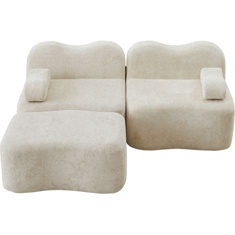 Divano modulare angolare a L 2 posti con 1 pouf, velluto beige, senza montaggio, Modenuit (1/5)