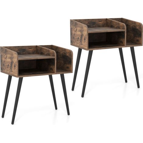 COSTWAY Mid Century Modern Nightstand (Set of 2) with Open Shelves-Coffee (1/5)
