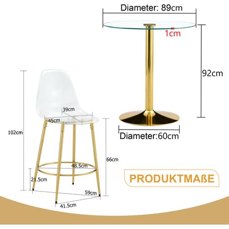 Set bar con tavolo rotondo in vetro da 89 cm e 2 sgabelli trasparenti dorati HOMVRA (1/5)