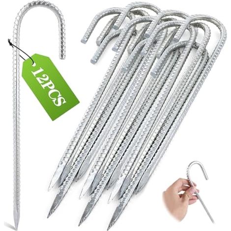 Lot de 12 piquets de tente robustes, 8 mm x 30 cm, piquets de sol en métal, piquets d'ancrage nervurés en J pour jardin, clôture, trampoline, chapiteau, tonnelle, camping