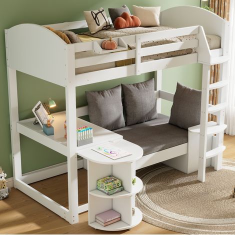 Lit mezzanine 90 x 200 cm enfant en bois blanc avec bureau escamotable et canapé (1/5)