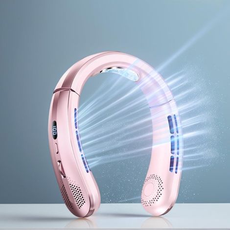 Ulisem - Ventilateur de cou - 100 vitesses de ventilation - 365 g - Portable - Sans pales - Rechargeable par USB-C - Silencieux (25 dB) - Affichage numérique - Autonomie 24 h - Rose (1/5)