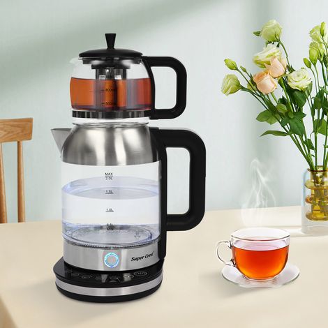 Double bouilloire (grande bouilloire 2 l + petite théière de 1 l) - Bouilloire portable en verre - Température réglable pour les voyages, le bureau, l'hôtel (1/5)