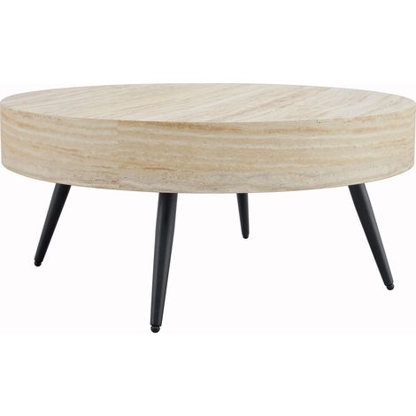 Table basse ronde 70 cm effet travertin clair, plateau MDF, pieds métal noirs, pieds réglables et bords arrondis pour salon compact et petits espaces CHICFURN (1/5)