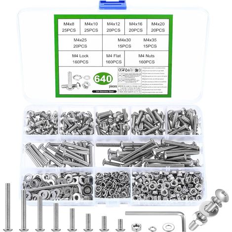 640 Pièces Set de Vis M4, Vis et écrous, Vis Boulons et écrous, Vis à Tête Cylindrique à Six Pans Creux, Vis Boulon et écrous et Rondelles Kit, Vis à Tête Cylindrique à Tête Ronde avec écrous (1/5)
