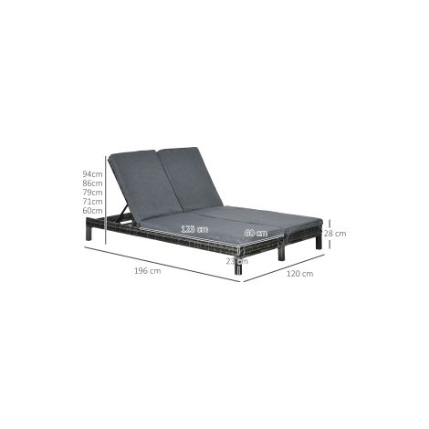 Bain de soleil 2 places en résine tressée PE et métal avec dossier réglable 5 positions pour jardin et terrasse (1/5)