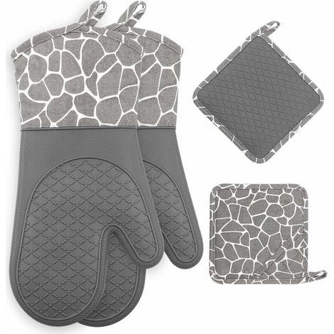 Oven Gloves, Heat Resistant Silicone Oven Gloves, Non-Slip Kitchen Oven Mitts 1 Pair and 2 Pot Holders, for Kitchen, Cooking, Baking, Grilling, Barbecue (Gray) (1/5)