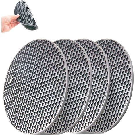 Lot de 4 dessous de verre ronds en silicone passent au lave-vaisselle, antidérapants et résistants à la chaleur gris noir jusqu'à 250 °C (gris rond, 14 x 14 cm) (1/5)