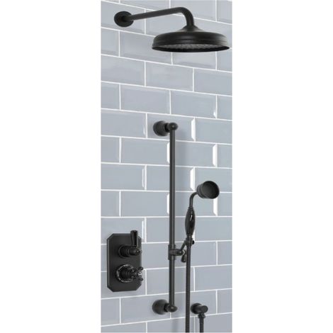 Milano Elizabeth 2 Outlet Twin Diverter Thermostatic Mixer Shower Valve with Round Rainfall Shower Head and Riser Rail Kit - Black