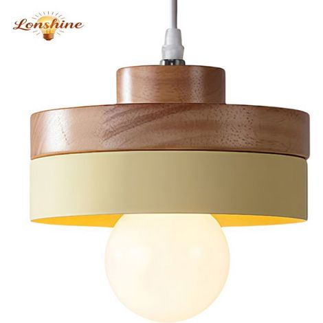 LONSHINE Moderne runde Pendelleuchte mit gelbem Holz- und Metallschirm, E27 Deckenleuchte für Esszimmer (1/5)