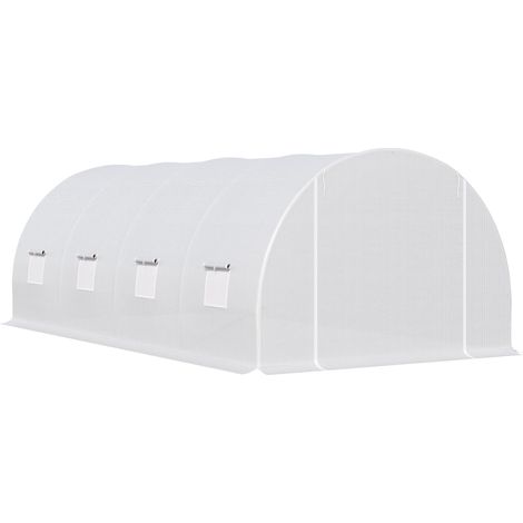 Gewächshaus 595x300x200cm Foliengewächshaus Tomatenhaus mit Tür, Fenster, Folientunnel aus verzinktem Stahl, Pflanztunnel, Treibhaus inkl. Erdanker Seilen, Gartentunnel, Weiß