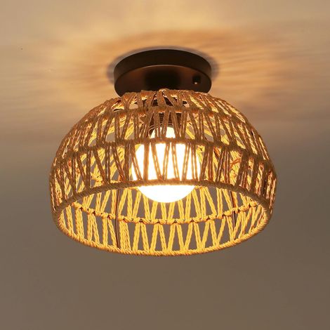Plafonnier, E27 Lampe de Plafond, Ø25cm Abat-jour Cage en forme Ronde en Métal et Rotin, Lumière au plafond pour Salon Salle Chambre(Noir) (1/5)