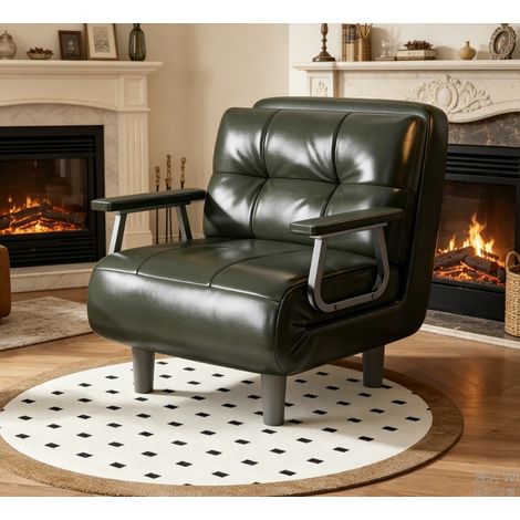 Fabulcozy Canapé-lit 1 place, convertible, avec coussin amovible en similicuir, doux et confortable, idéal pour le salon et le bureau (vert) (1/5)